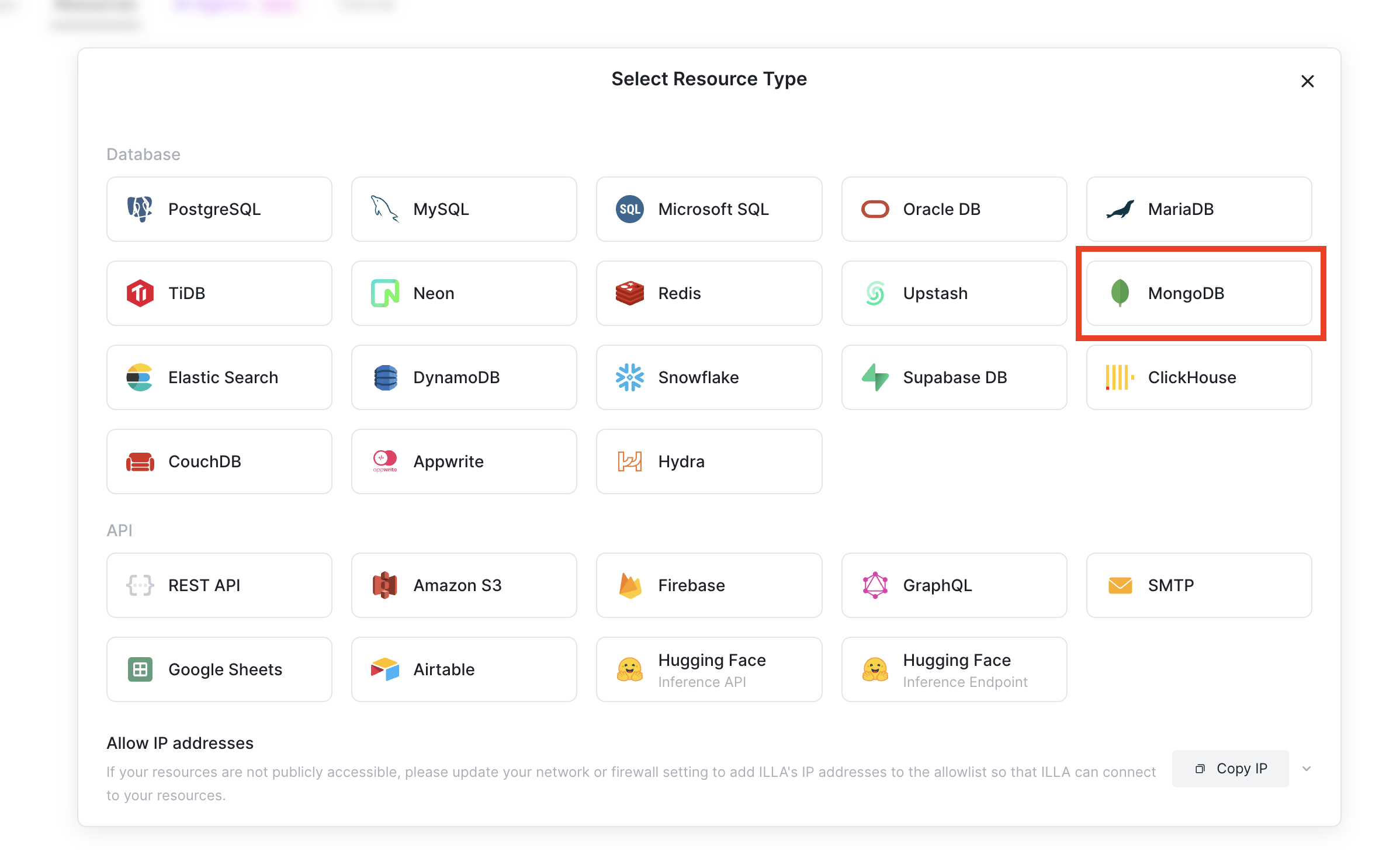 Choose Resource type for connecting ILLA to FerretDB