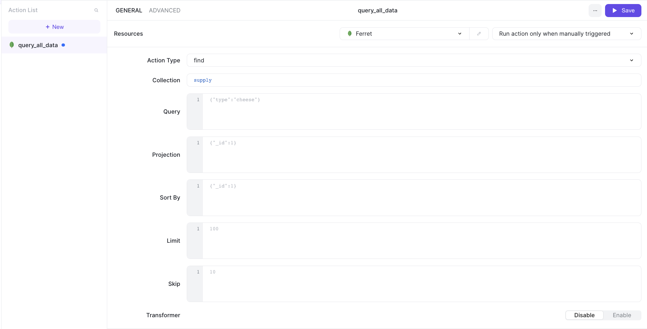 Actions to display for query all on supply collection